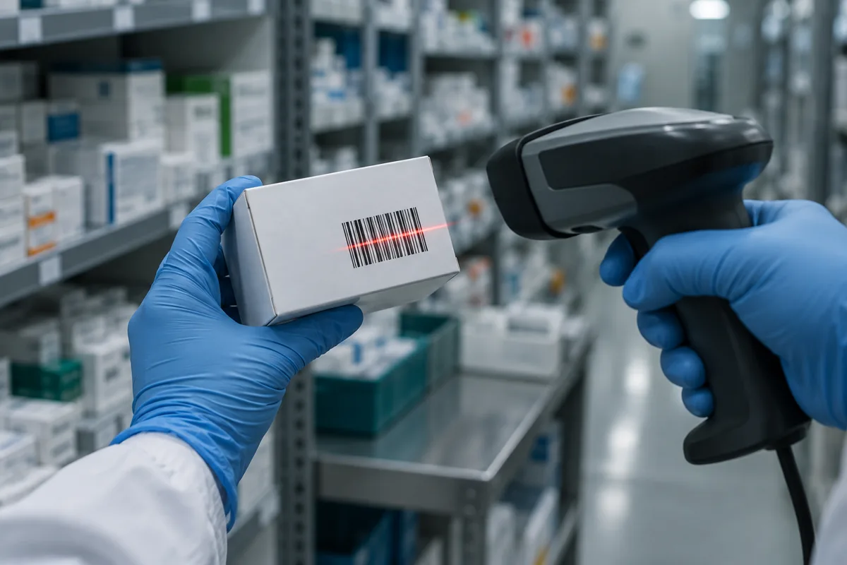 Gloved hands scan the barcode on a medicine box in a pharmacy stockroom.