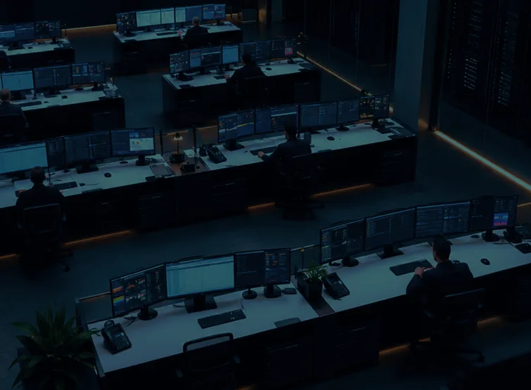 A trading floor of desks and monitor banks, seen from above.