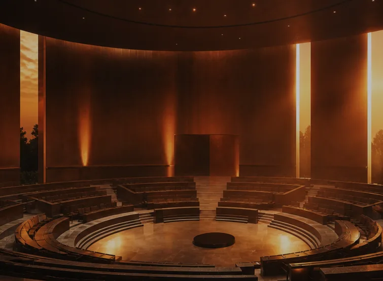 An empty circular auditorium lit from the walls.