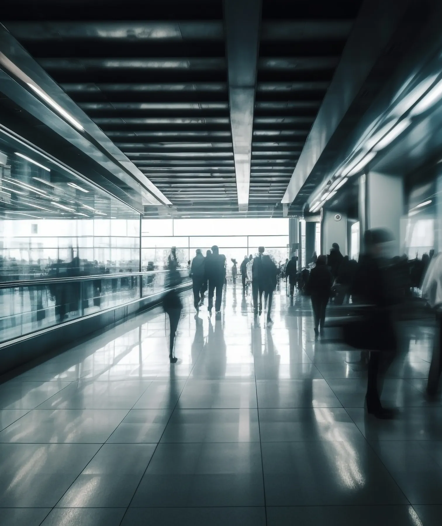 People crossing a lit station concourse, caught in a long exposure.