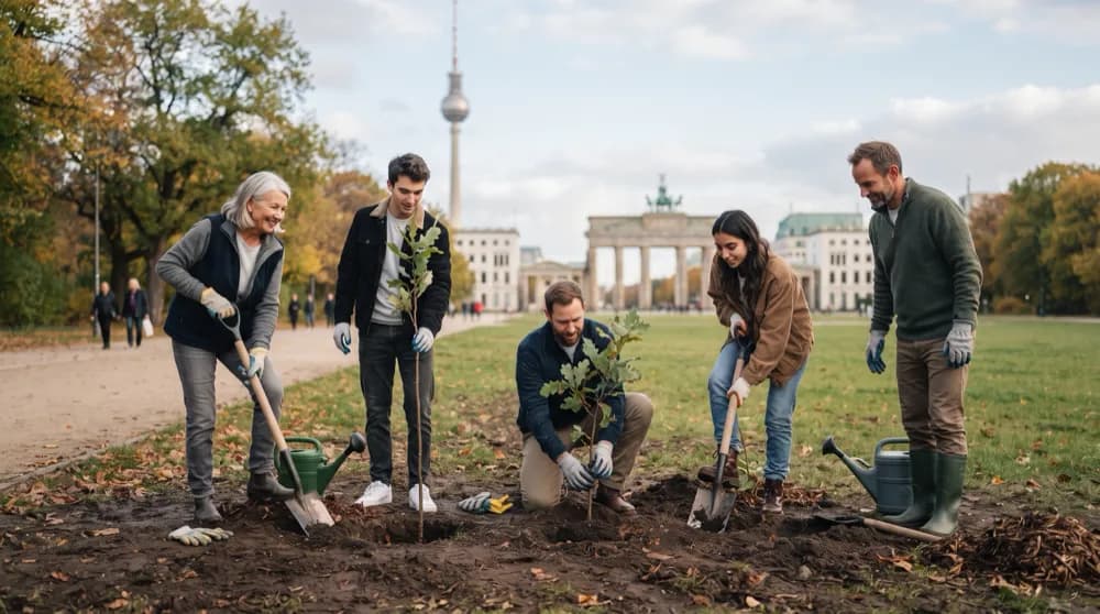 Five people planting a young tree in a city park.