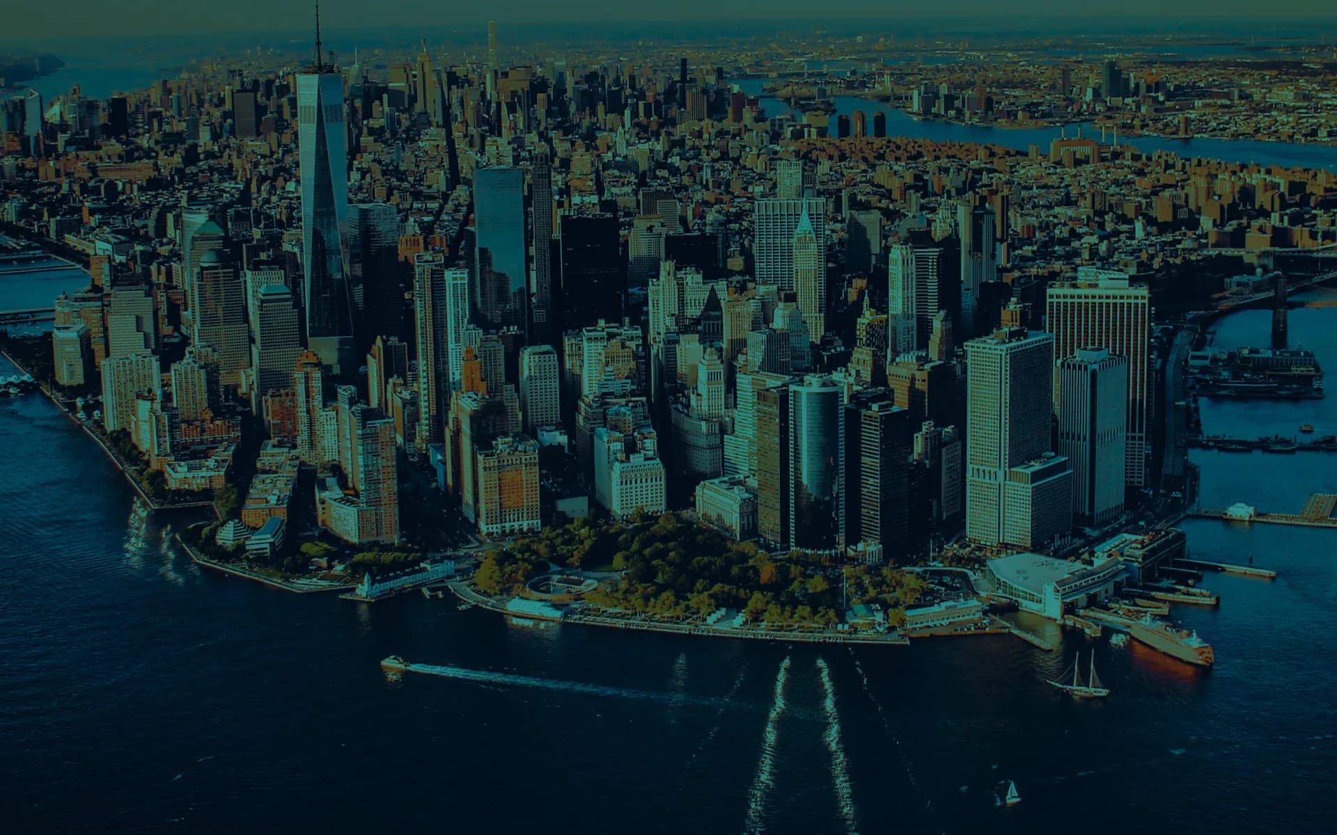 Manhattan seen from the air, with water on both sides.