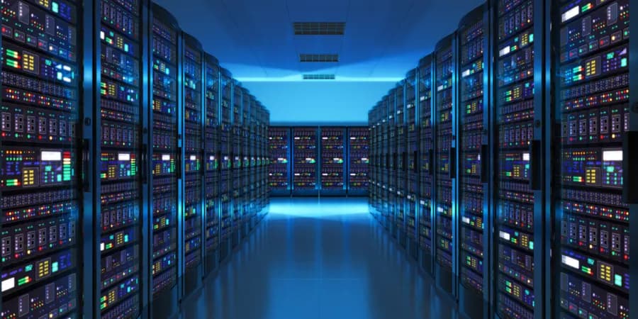 A server aisle in a data centre, lit blue.