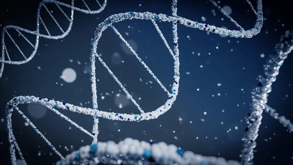 A DNA double helix rendered in blue.
