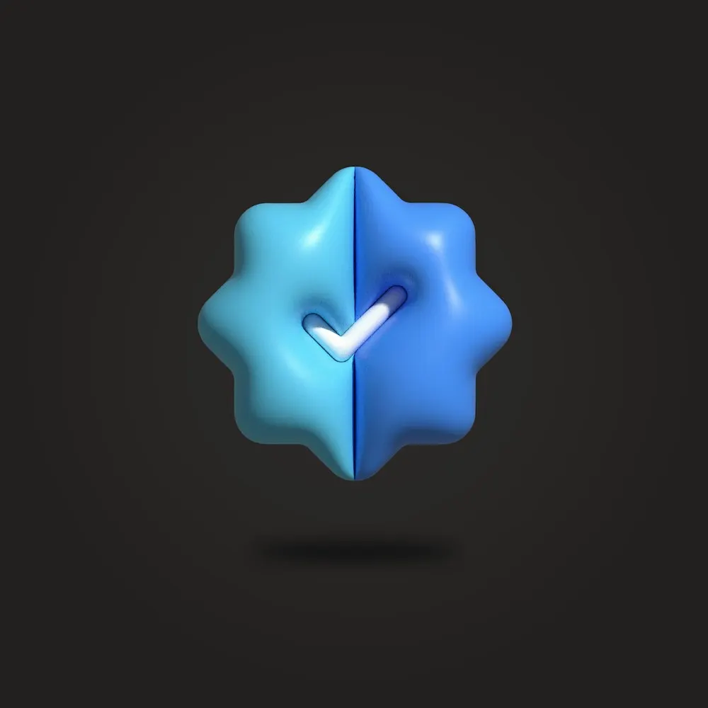 A blue verification badge drawn in three dimensions.
