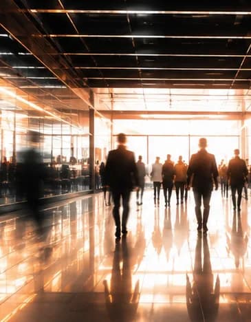 People walking through a bright glass concourse.
