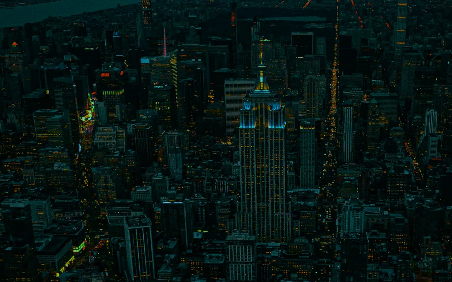 Manhattan at dusk, seen from above.