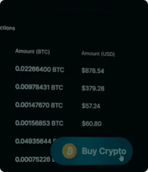 Screen lists Bitcoin amounts beside a Buy Crypto button.